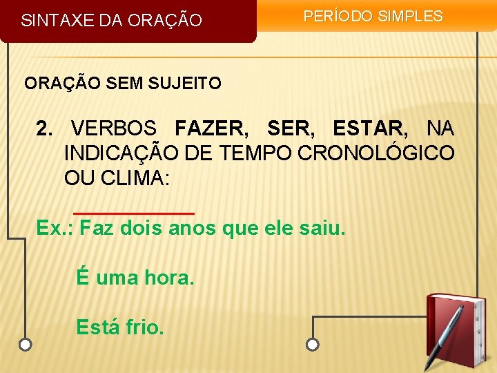 SINTAXE DA ORAÇÃO PERÍODO SIMPLES ORAÇÃO SEM SUJEITO 2. VERBOS FAZER, SER, ESTAR, NA