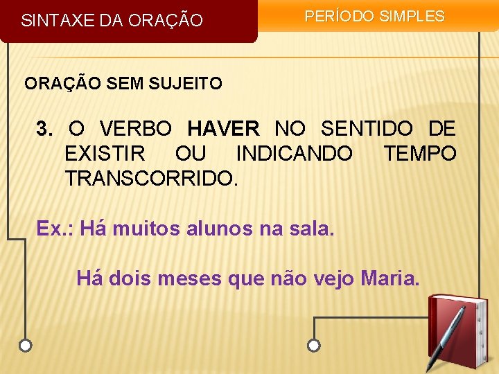 SINTAXE DA ORAÇÃO PERÍODO SIMPLES ORAÇÃO SEM SUJEITO 3. O VERBO HAVER NO SENTIDO