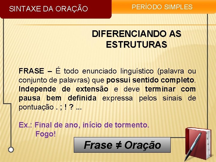 SINTAXE DA ORAÇÃO PERÍODO SIMPLES DIFERENCIANDO AS ESTRUTURAS FRASE – É todo enunciado linguístico