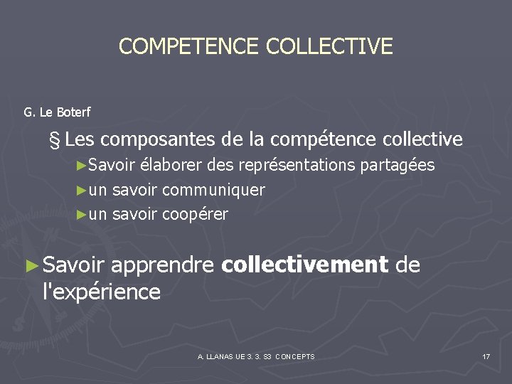 COMPETENCE COLLECTIVE G. Le Boterf § Les composantes de la compétence collective ►Savoir élaborer