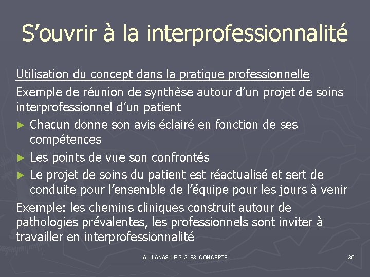 S’ouvrir à la interprofessionnalité Utilisation du concept dans la pratique professionnelle Exemple de réunion