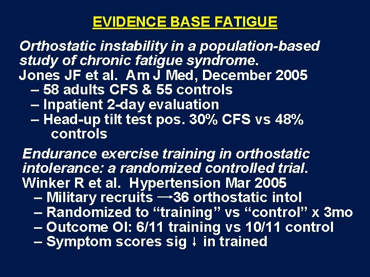 EVIDENCE BASE FATIGUE Orthostatic instability in a population-based study of chronic fatigue syndrome. Jones