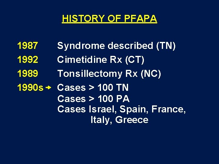 HISTORY OF PFAPA 1987 1992 1989 1990 s Syndrome described (TN) Cimetidine Rx (CT)