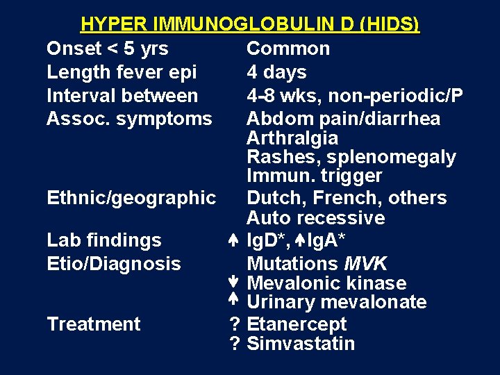 HYPER IMMUNOGLOBULIN D (HIDS) Onset < 5 yrs Common Length fever epi 4 days