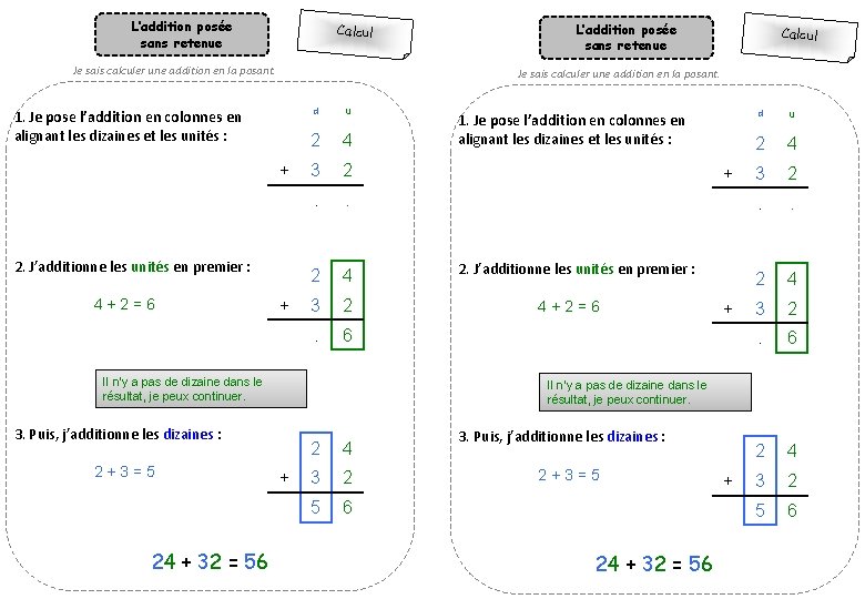 L’addition posée sans retenue Calcul Je sais calculer une addition en la posant. +