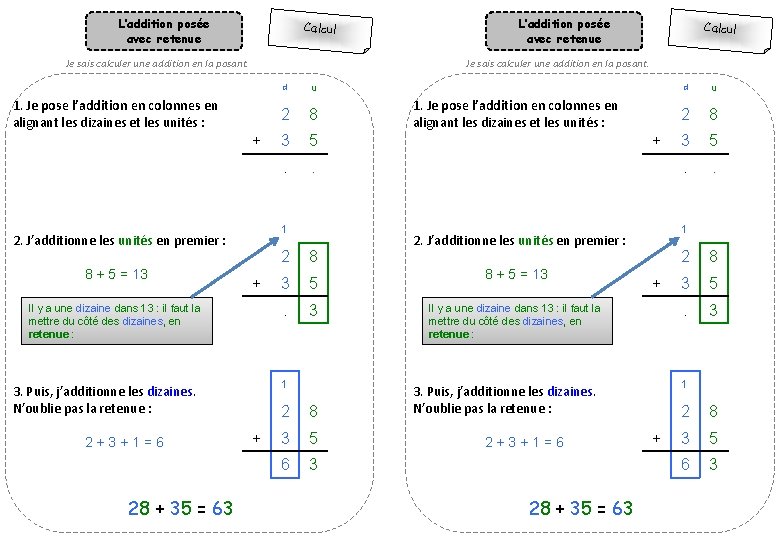 L’addition posée avec retenue Calcul Je sais calculer une addition en la posant. +