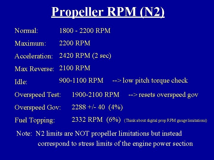 Propeller RPM (N 2) Normal: 1800 - 2200 RPM Maximum: 2200 RPM Acceleration: 2420