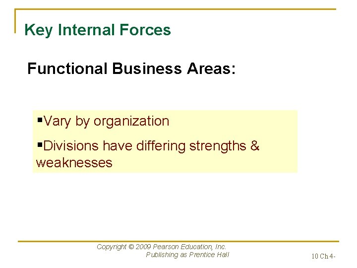 Key Internal Forces Functional Business Areas: §Vary by organization §Divisions have differing strengths &