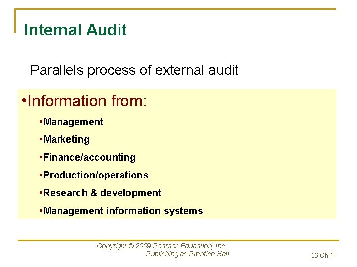 Internal Audit Parallels process of external audit • Information from: • Management • Marketing