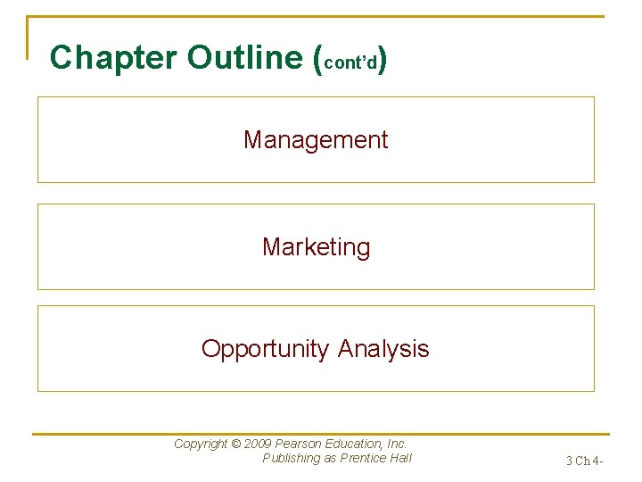 Chapter Outline (cont’d) Management Marketing Opportunity Analysis Copyright © 2009 Pearson Education, Inc. Publishing