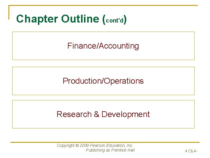 Chapter Outline (cont’d) Finance/Accounting Production/Operations Research & Development Copyright © 2009 Pearson Education, Inc.