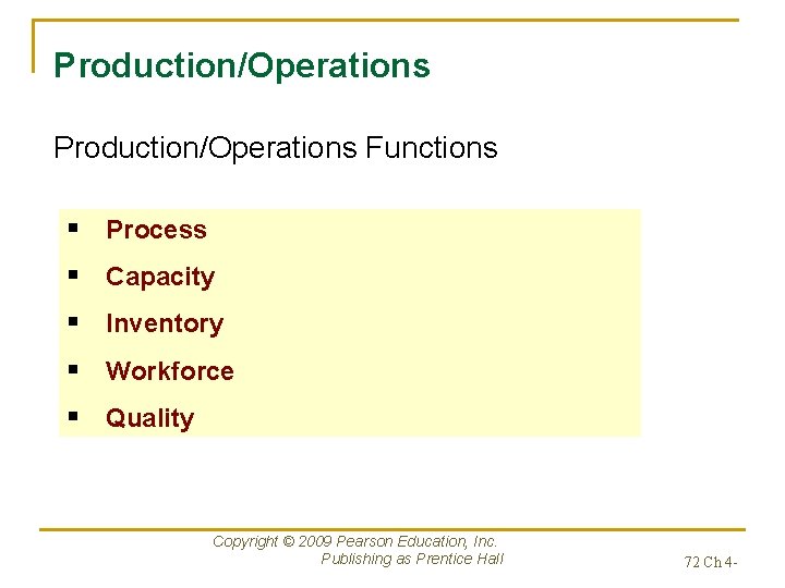 Production/Operations Functions § Process § Capacity § Inventory § Workforce § Quality Copyright ©