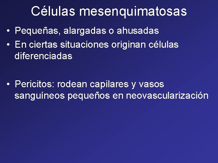 Células mesenquimatosas • Pequeñas, alargadas o ahusadas • En ciertas situaciones originan células diferenciadas Células mesenquimatosas • Pequeñas, alargadas o ahusadas • En ciertas situaciones originan células diferenciadas