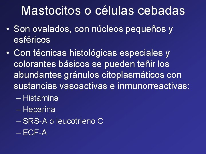Mastocitos o células cebadas • Son ovalados, con núcleos pequeños y esféricos • Con Mastocitos o células cebadas • Son ovalados, con núcleos pequeños y esféricos • Con