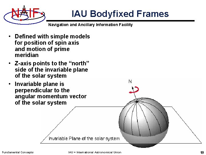 N IF IAU Bodyfixed Frames Navigation and Ancillary Information Facility • Defined with simple