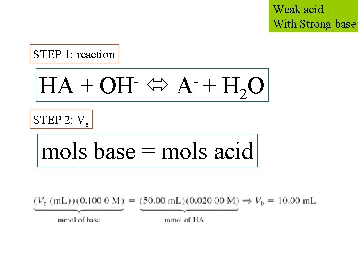 Weak acid With Strong base STEP 1: reaction - HA + OH A +