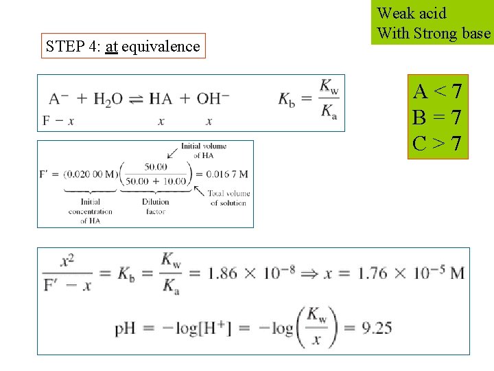 STEP 4: at equivalence Weak acid With Strong base A < 7 B =