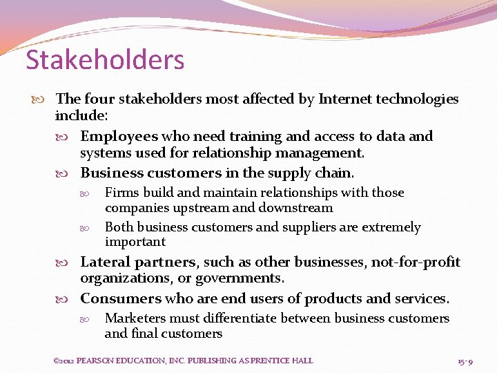 Stakeholders The four stakeholders most affected by Internet technologies include: Employees who need training