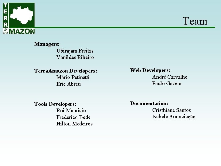Team Managers: Ubirajara Freitas Vanildes Ribeiro Terra. Amazon Developers: Mário Petinatti Eric Abreu Web Team Managers: Ubirajara Freitas Vanildes Ribeiro Terra. Amazon Developers: Mário Petinatti Eric Abreu Web