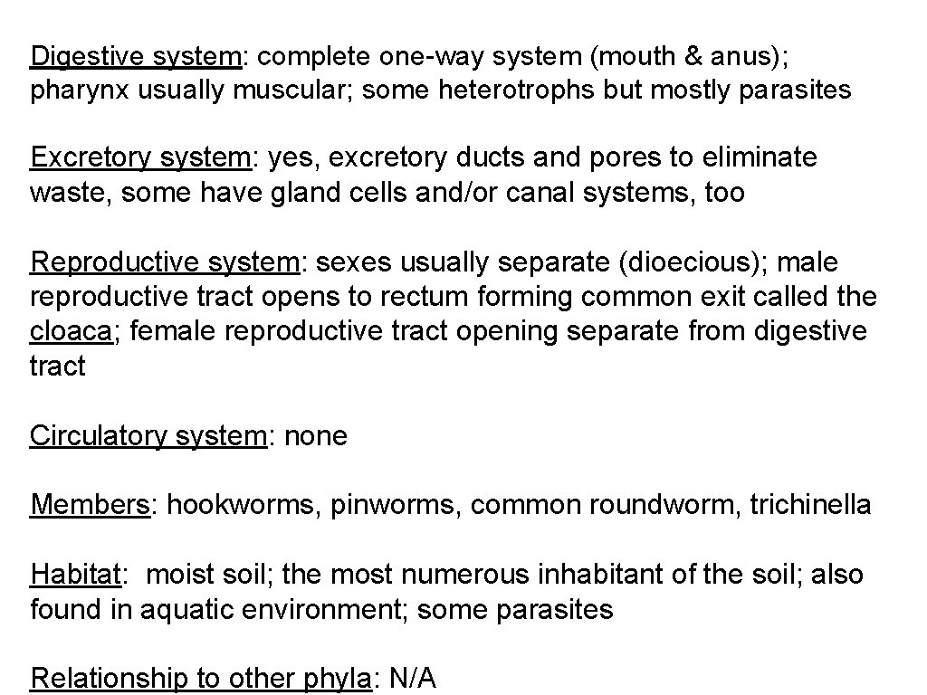 Digestive system: complete one-way system (mouth & anus); pharynx usually muscular; some heterotrophs but