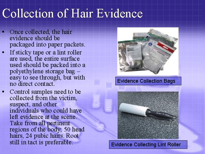 Collection of Hair Evidence • Once collected, the hair evidence should be packaged into