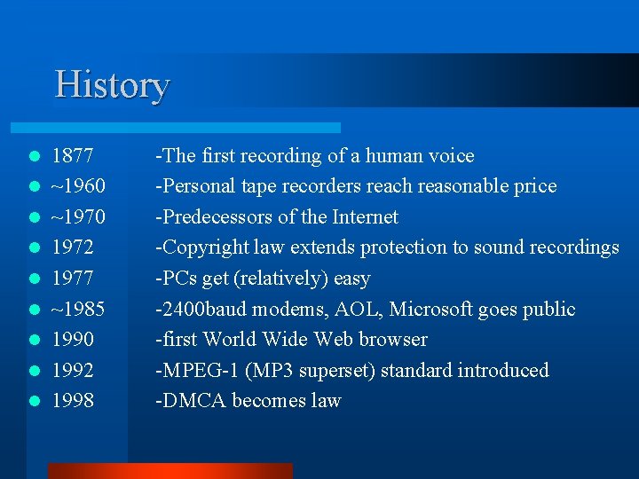 History l l l l l 1877 ~1960 ~1970 1972 1977 ~1985 1990 1992