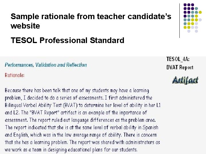 Sample rationale from teacher candidate’s website TESOL Professional Standard 