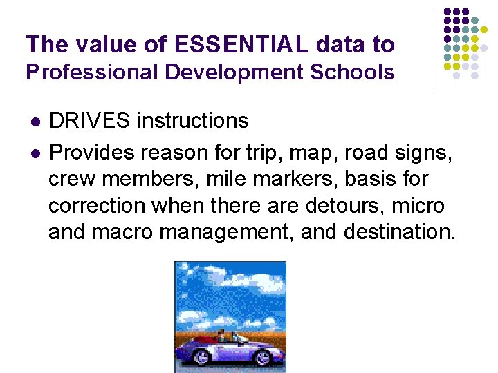 The value of ESSENTIAL data to Professional Development Schools l l DRIVES instructions Provides