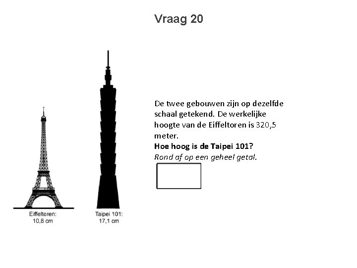 Vraag 20 De twee gebouwen zijn op dezelfde schaal getekend. De werkelijke hoogte van