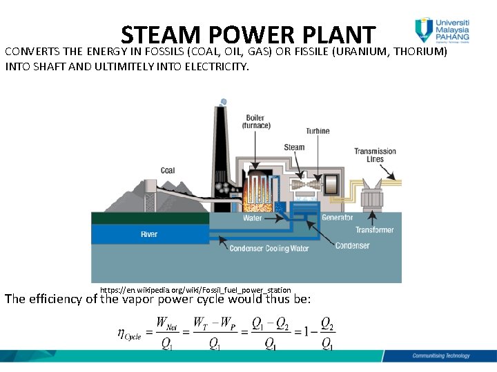 STEAM POWER PLANT CONVERTS THE ENERGY IN FOSSILS (COAL, OIL, GAS) OR FISSILE (URANIUM,