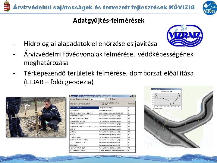 Árvízvédelmi sajátosságok és tervezett fejlesztések KÖVIZIG Adatgyűjtés-felmérések - Hidrológiai alapadatok ellenőrzése és javítása Árvízvédelmi