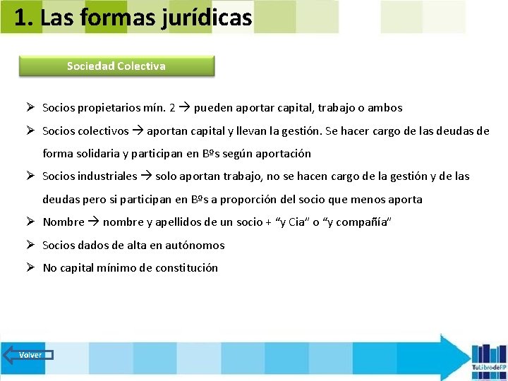 1. Las formas jurídicas Sociedad Colectiva Ø Socios propietarios mín. 2 pueden aportar capital,