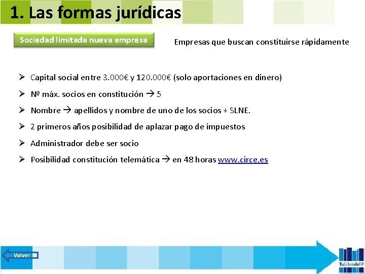 1. Las formas jurídicas Sociedad limitada nueva empresa Empresas que buscan constituirse rápidamente Ø