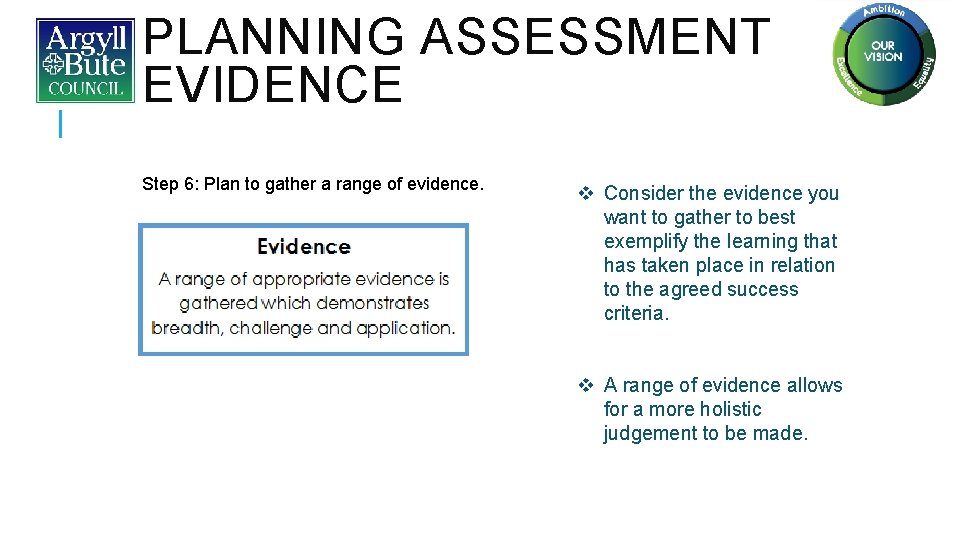 PLANNING ASSESSMENT EVIDENCE Step 6: Plan to gather a range of evidence. v Consider