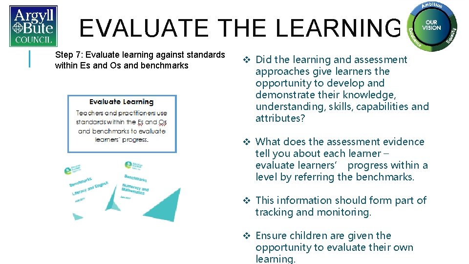 EVALUATE THE LEARNING Step 7: Evaluate learning against standards within Es and Os and