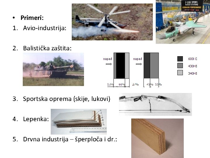  • Primeri: 1. Avio-industrija: 2. Balistička zaštita: 3. Sportska oprema (skije, lukovi) 4.