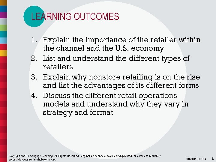 LEARNING OUTCOMES 1. Explain the importance of the retailer within the channel and the