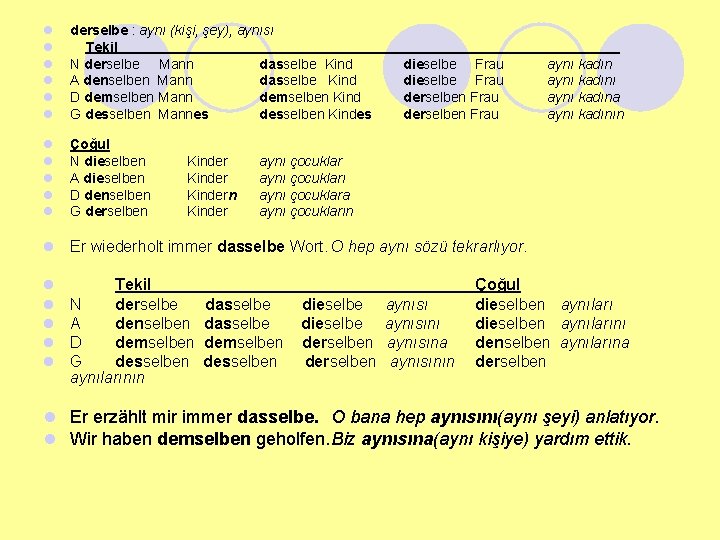 l l l derselbe : aynı (kişi, şey), aynısı Tekil N derselbe Mann dasselbe