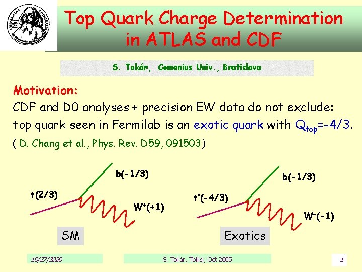 Top Quark Charge Determination in ATLAS and CDF S. Tokár, Comenius Univ. , Bratislava