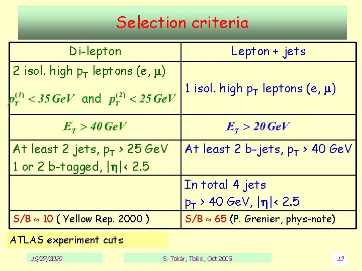 Selection criteria Di-lepton Lepton + jets 2 isol. high p. T leptons (e, )