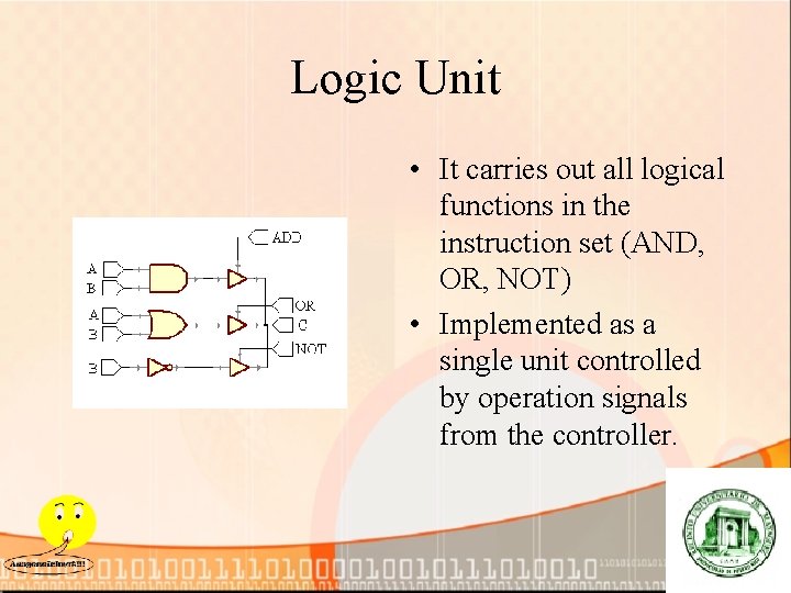 Logic Unit • It carries out all logical functions in the instruction set (AND,