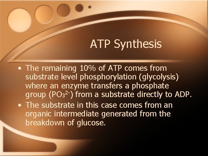 ATP Synthesis • The remaining 10% of ATP comes from substrate level phosphorylation (glycolysis)