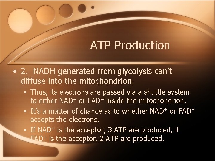 ATP Production • 2. NADH generated from glycolysis can’t diffuse into the mitochondrion. •