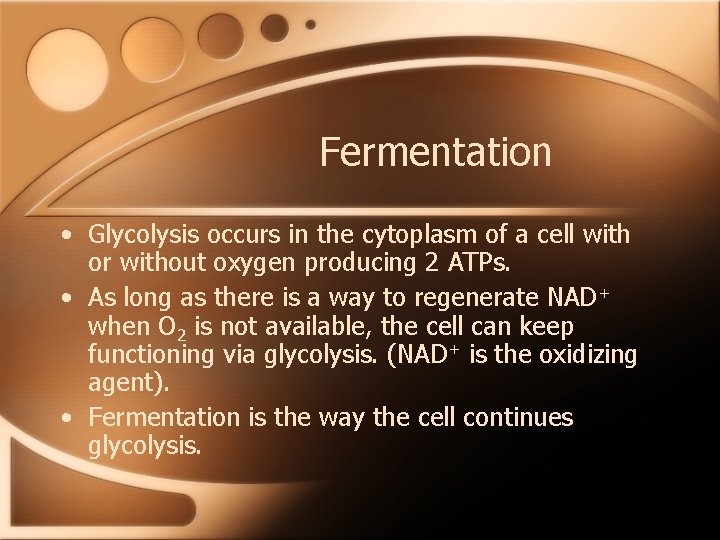 Fermentation • Glycolysis occurs in the cytoplasm of a cell with or without oxygen