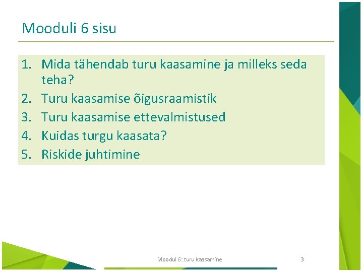 Mooduli 6 sisu 1. Mida tähendab turu kaasamine ja milleks seda teha? 2. Turu