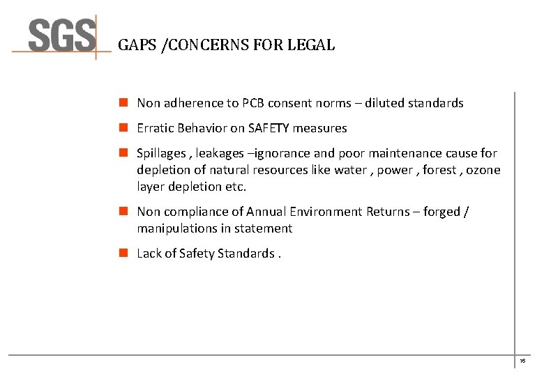 GAPS /CONCERNS FOR LEGAL n Non adherence to PCB consent norms – diluted standards