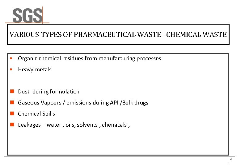 VARIOUS TYPES OF PHARMACEUTICAL WASTE –CHEMICAL WASTE · Organic chemical residues from manufacturing processes