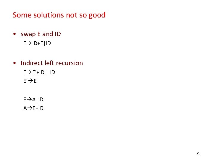 Some solutions not so good • swap E and ID E ID+E|ID • Indirect