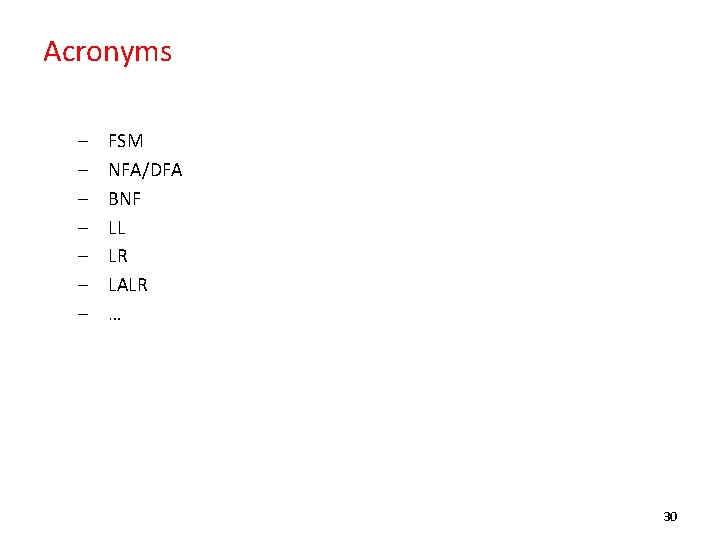 Acronyms – – – – FSM NFA/DFA BNF LL LR LALR … 30 
