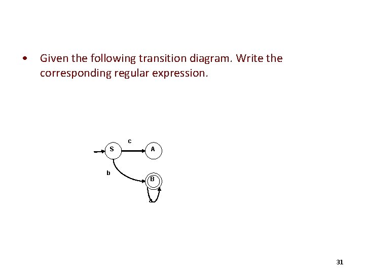  • Given the following transition diagram. Write the corresponding regular expression. c S